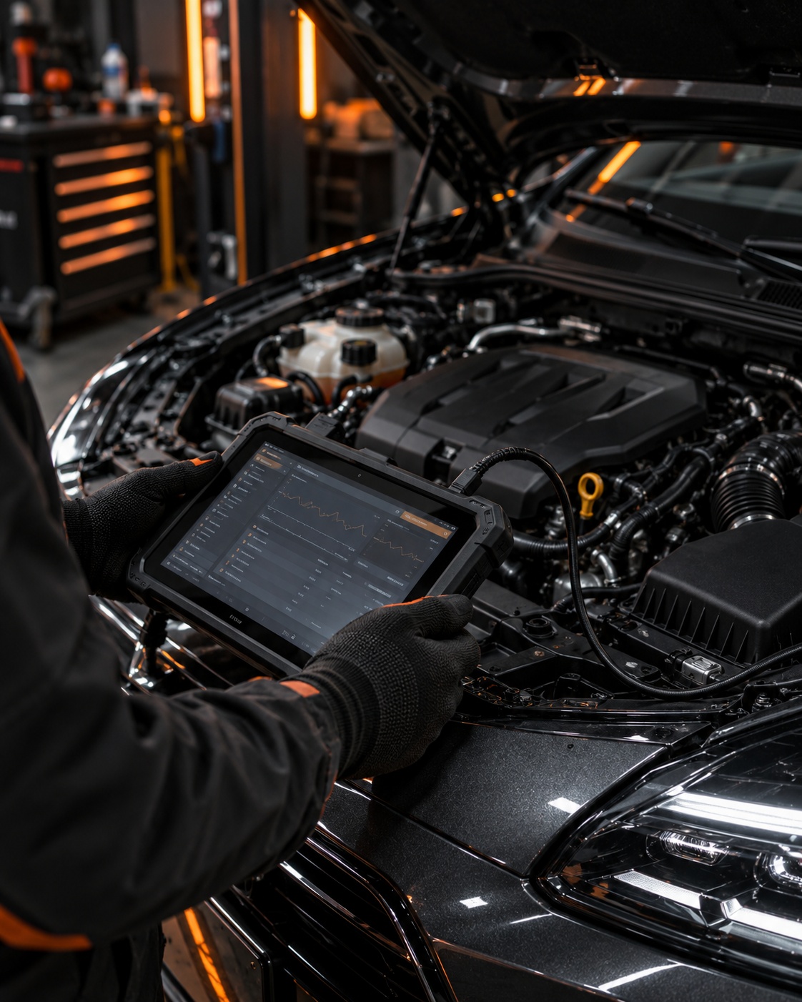 Illustrative image of vehicle diagnostics with a rugged tablet beside an open engine bay